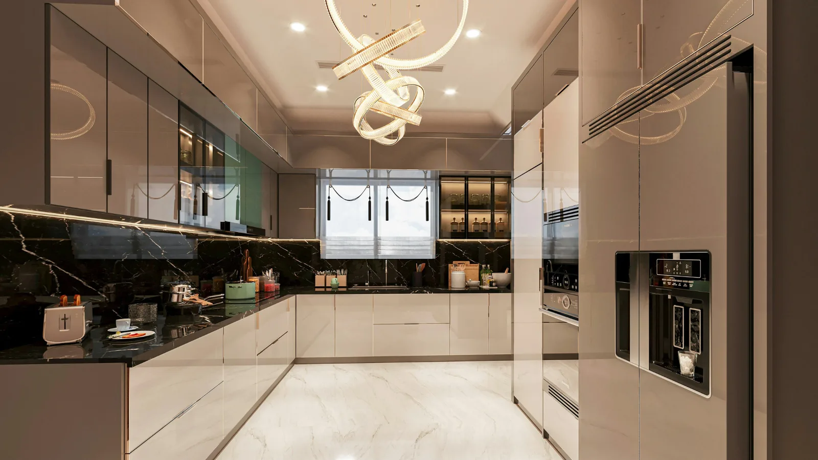 Premium DAN Küche mit Marmor-Arbeitsplatte und U-Form Layout — Beispiel einer ausgeplanten Inselküche aus dem Showroom Wien-Kagran