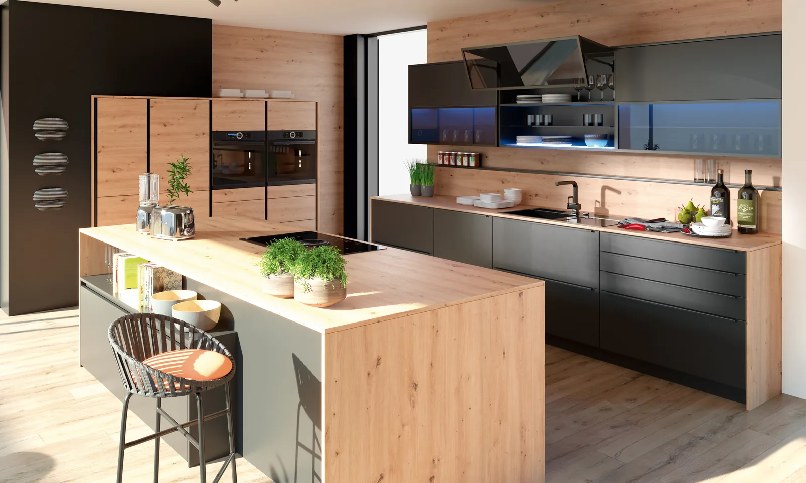 Moderne DAN Andros Küche in Anthrazit mit Asteiche-Akzent — Beispiel aus dem Showroom Wien-Kagran